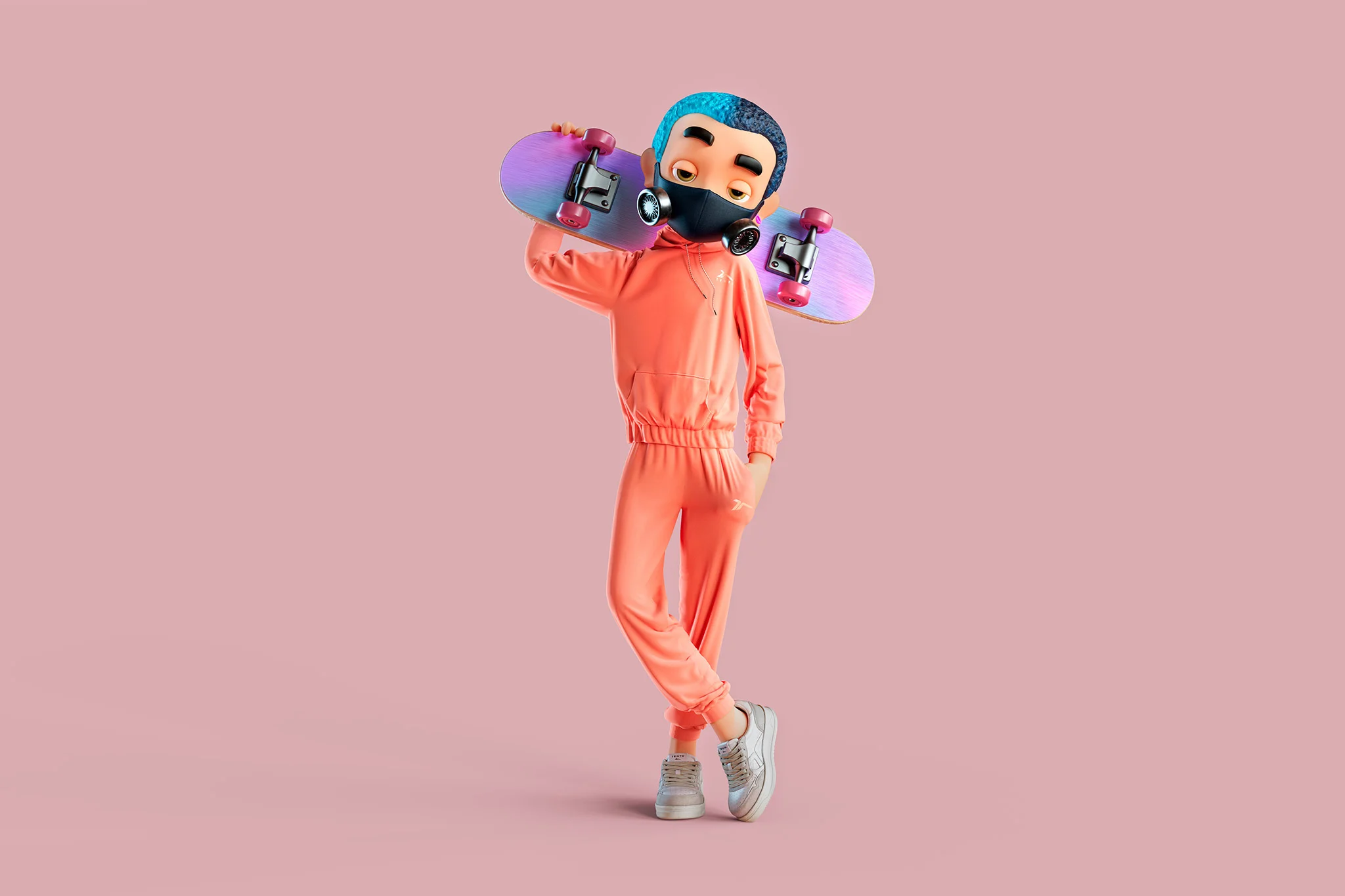 CGI character wearing a colourful Décimas sports outfit