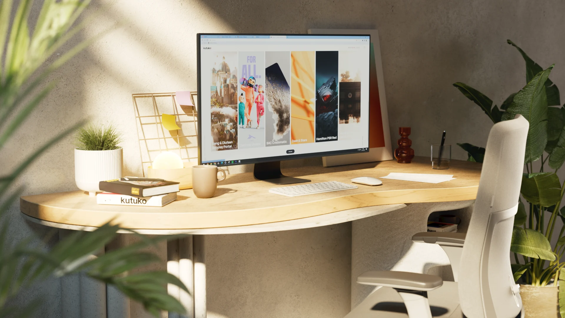 CGI office environment with controlled lighting and product displays