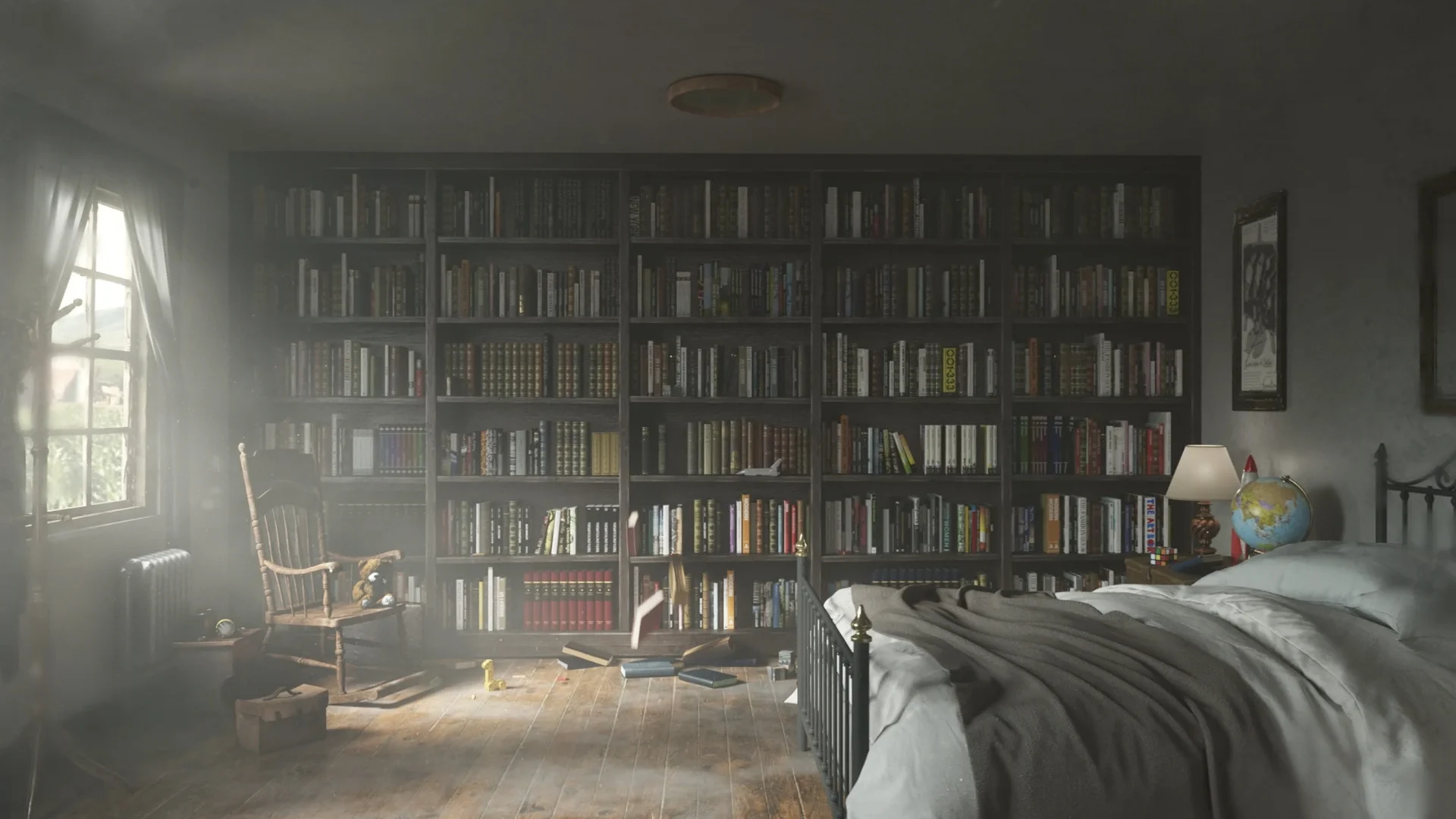 CGI bedroom environment with a floor-to-ceiling library