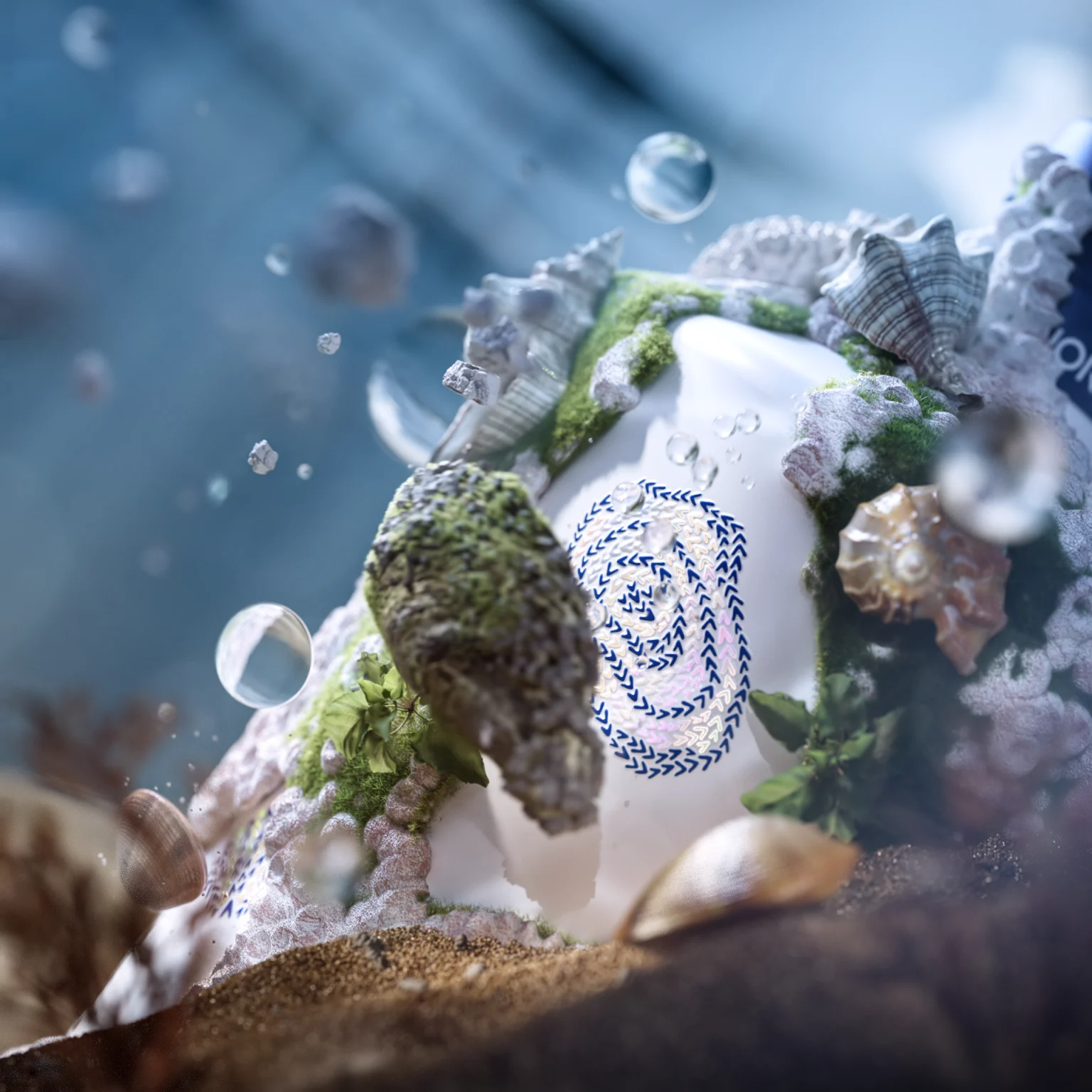 CGI product scene with a sneaker surrounded by natural elements