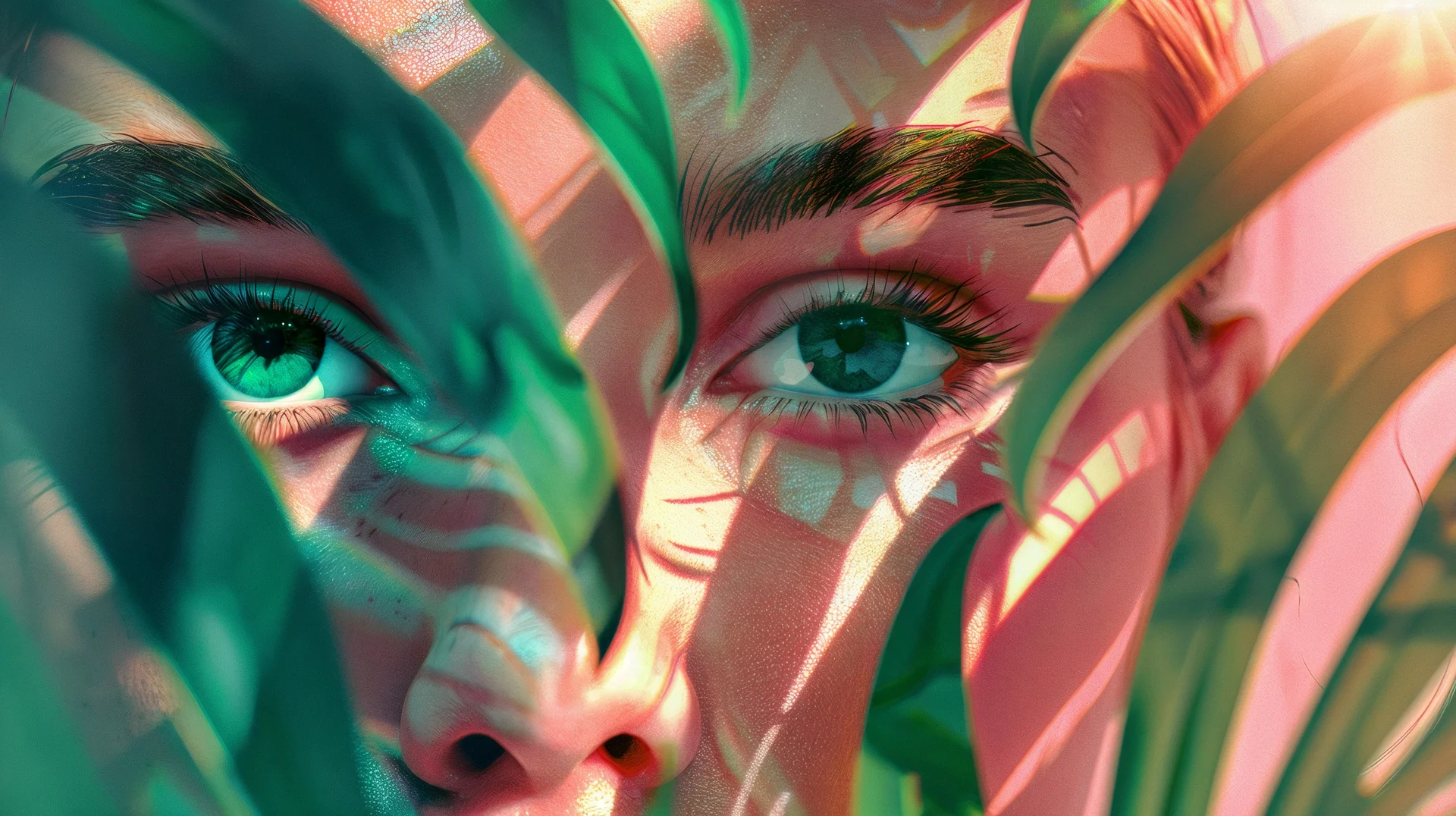 Retrato CGI con luz geométrica de colores y sombras abstractas