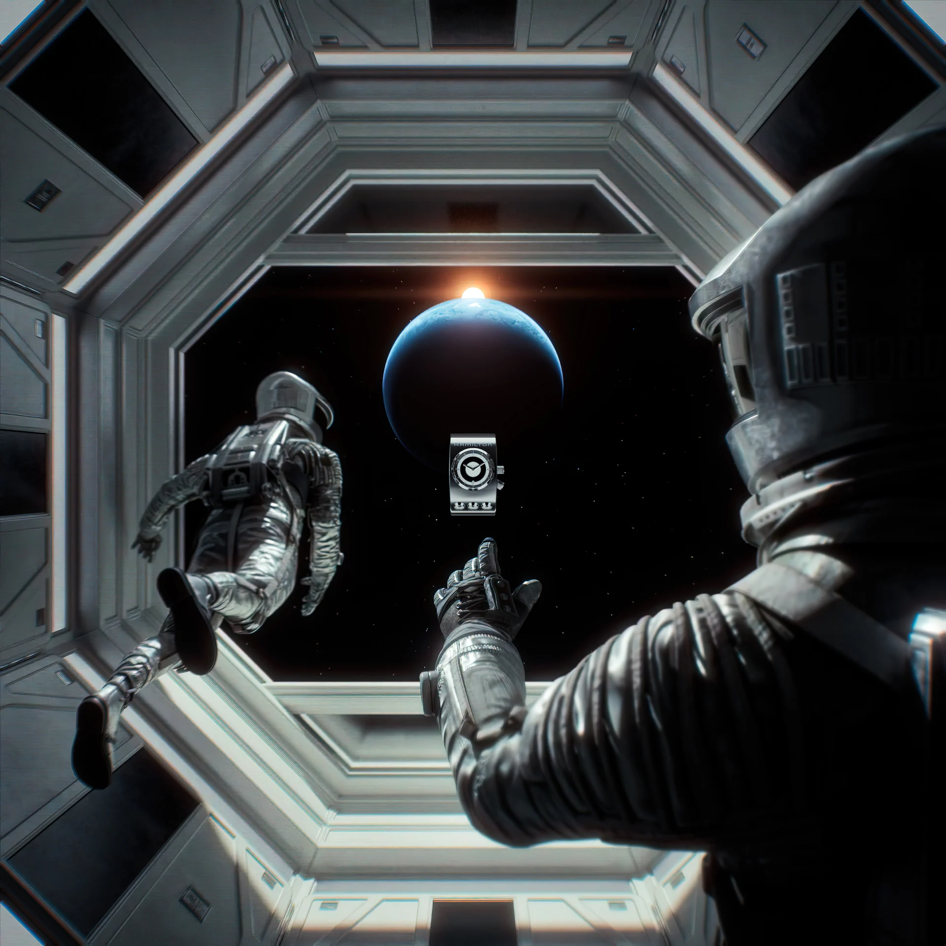 Escena CGI de astronautas explorando una estructura futurista, creada por Kutuko para Hamilton