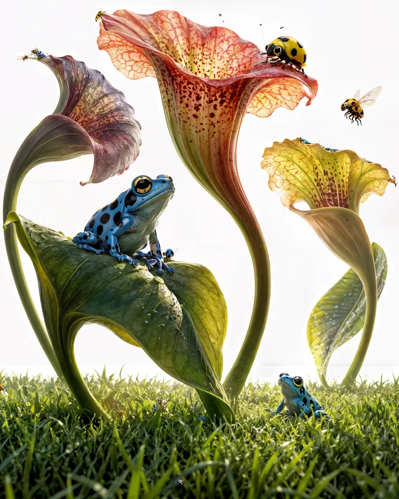Escena botánica con ranas y flores creada con IA por Kutuko