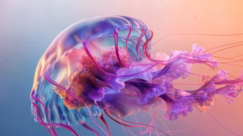 Medusa de tonos iridiscentes creada con IA por Kutuko